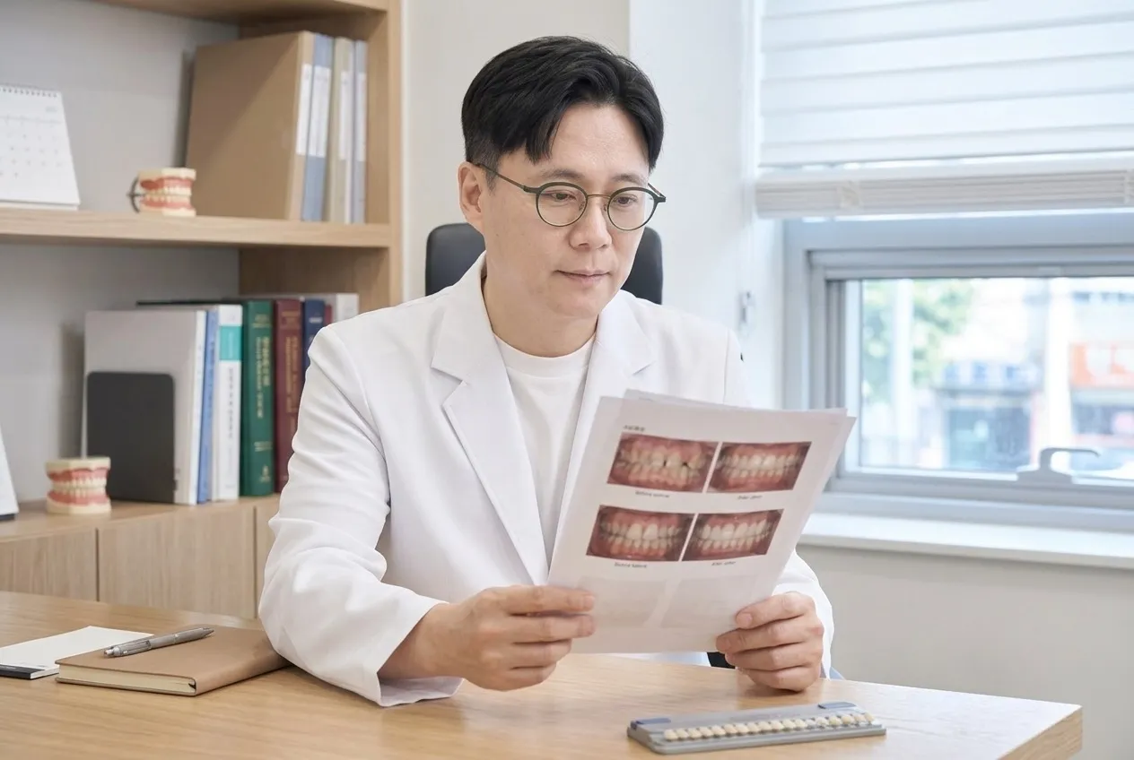 임상 사진 검토. 케이스마다 기준을 다시 확인합니다 (연출 이미지)