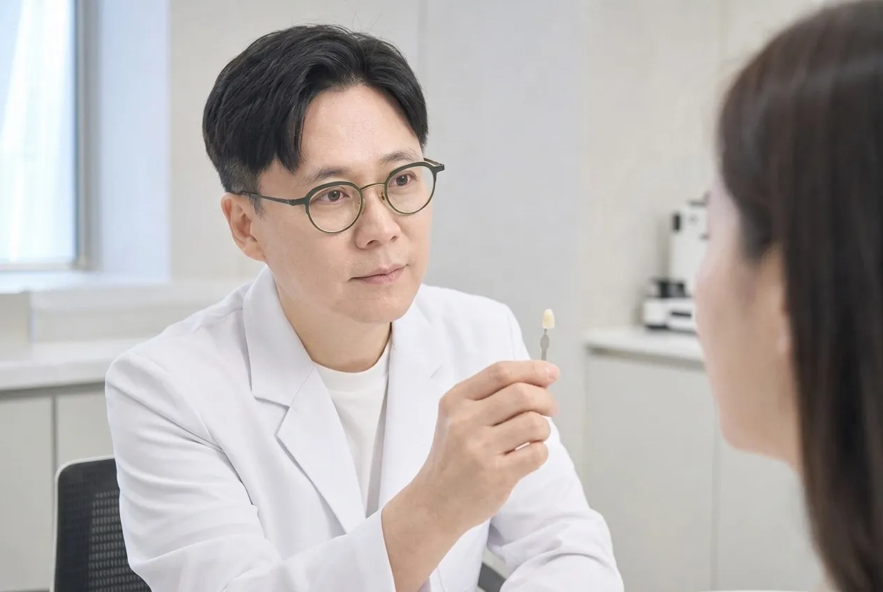 셰이드 확인. 옆 치아와의 색을 눈으로 맞춥니다 (연출 이미지)